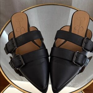 Jessica Simpson Black Mules with Buckle Accents